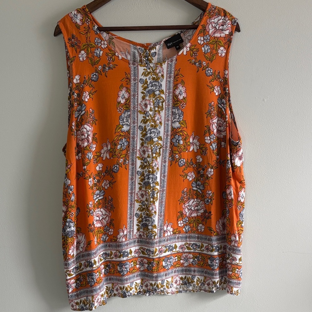 JNY Jones New York 2X Orange Floral Sleeveless Blouse Boho Lightweight Top